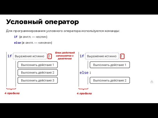 Условный оператор Для программирования условного оператора используются команды: if (в