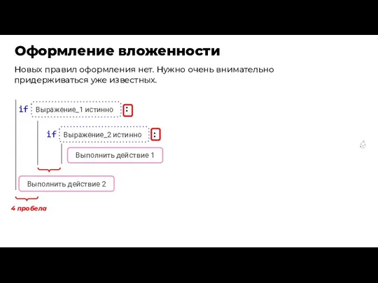 Оформление вложенности if Выражение_1 истинно : Выполнить действие 1 Выполнить