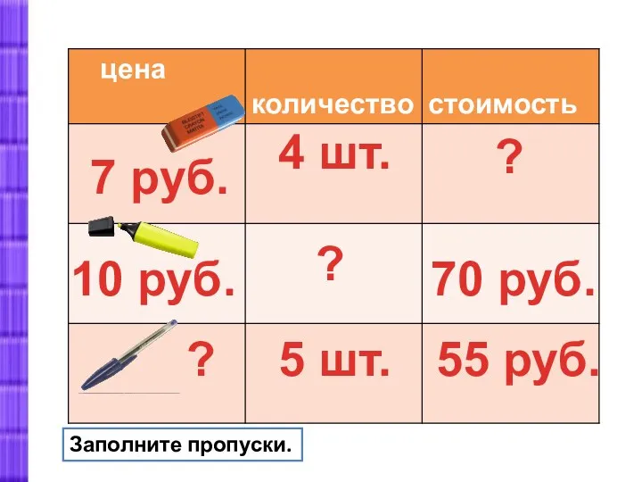 7 руб. 4 шт. ? 10 руб. 70 руб. 5