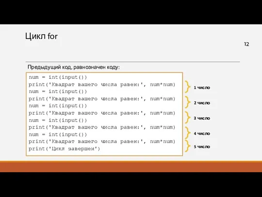 Цикл for Предыдущий код, равнозначен коду: num = int(input()) print('Квадрат вашего числа равен:',