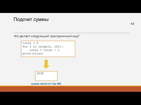 Подсчет суммы Что делает следующий программный код? total = 0 for i in