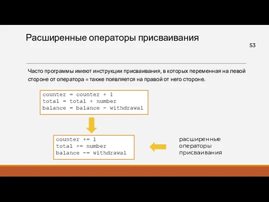 Расширенные операторы присваивания Часто программы имеют инструкции присваивания, в которых переменная на левой