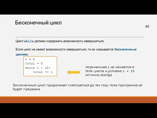 Бесконечный цикл Цикл while должен содержать возможность завершиться. Если цикл не имеет возможности