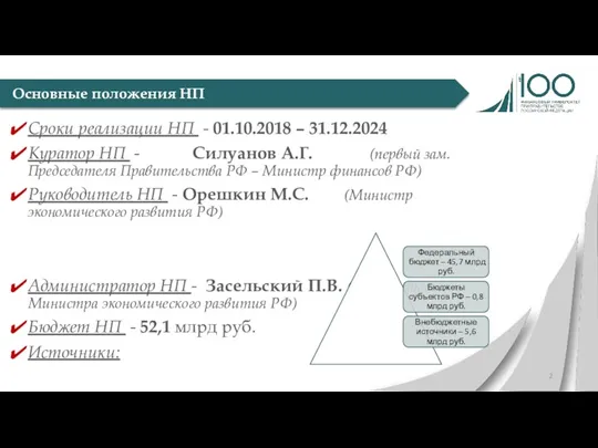 Сроки реализации НП - 01.10.2018 – 31.12.2024 Куратор НП -