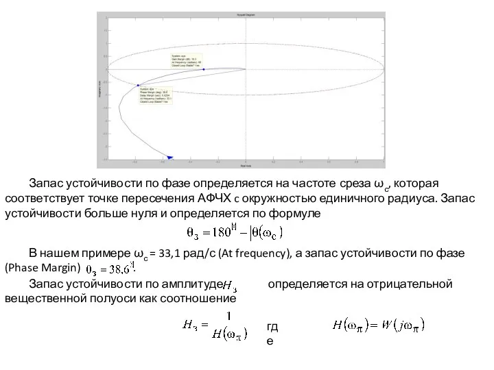 Запас устойчивости по фазе определяется на частоте среза ωс, которая