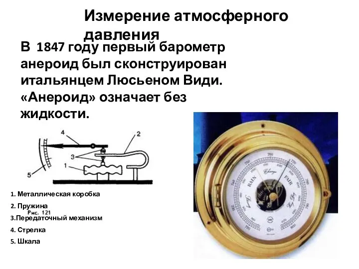 Измерение атмосферного давления В 1847 году первый барометр анероид был