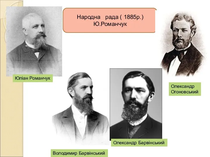 Народна рада ( 1885р.) Ю.Романчук Олександр Огоновський Олександр Барвінський Володимир Барвінський Юліан Романчук