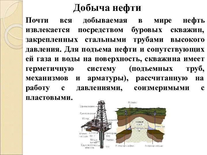 Почти вся добываемая в мире нефть извлекается посредством буровых скважин,