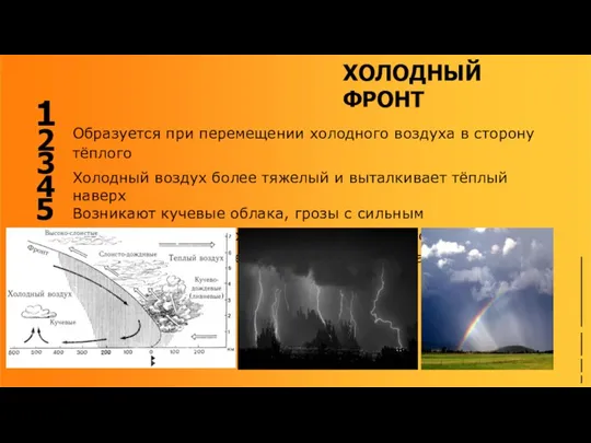 ХОЛОДНЫЙ ФРОНТ Образуется при перемещении холодного воздуха в сторону тёплого