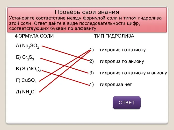 Проверь свои знания Установите соответствие между формулой соли и типом