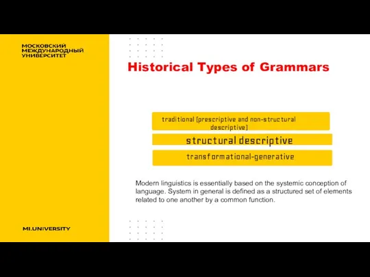 Historical Types of Grammars Modern linguistics is essentially based on
