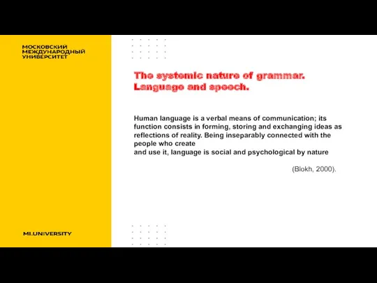 The systemic nature of grammar. Language and speech. Human language