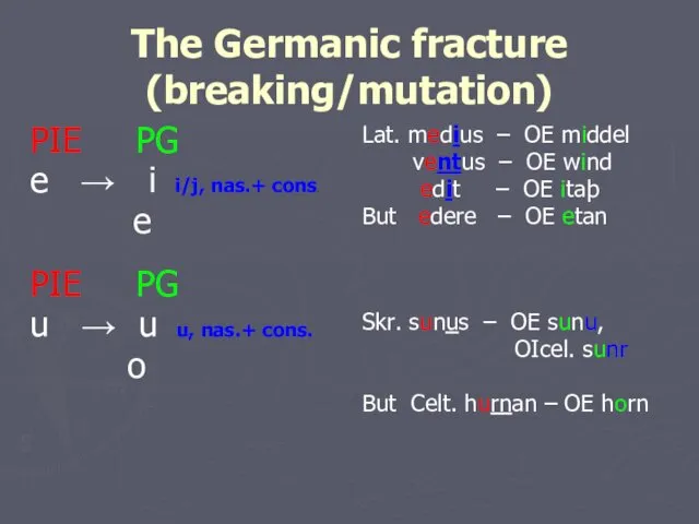 The Germanic fracture (breaking/mutation) PIE PG e → i i/j,