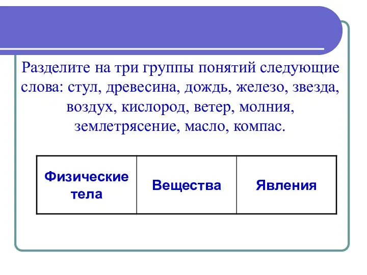 Разделите на три группы понятий следующие слова: стул, древесина, дождь,