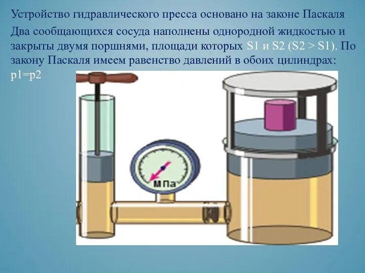 Устройство гидравлического пресса основано на законе Паскаля Два сообщающихся сосуда