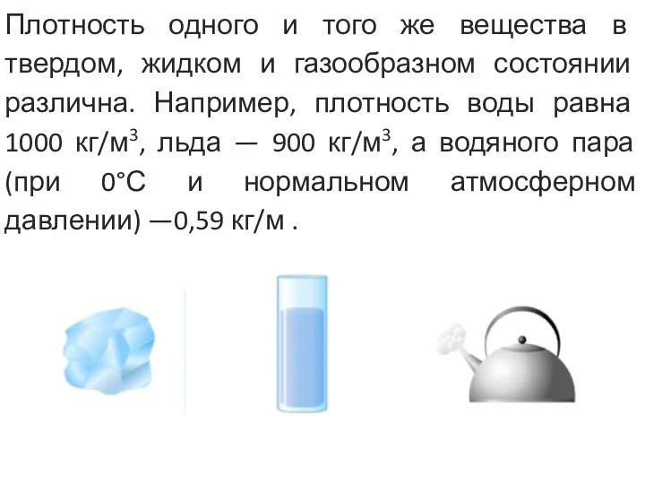 Плотность одного и того же вещества в твердом, жидком и