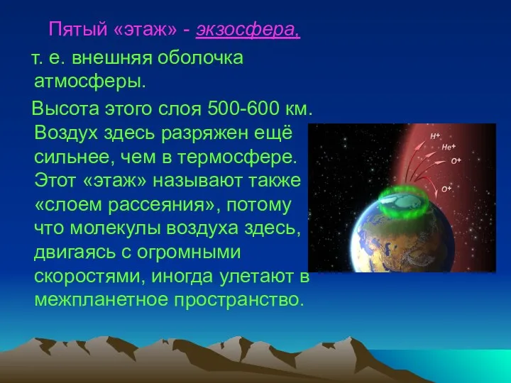 Пятый «этаж» - экзосфера, т. е. внешняя оболочка атмосферы. Высота