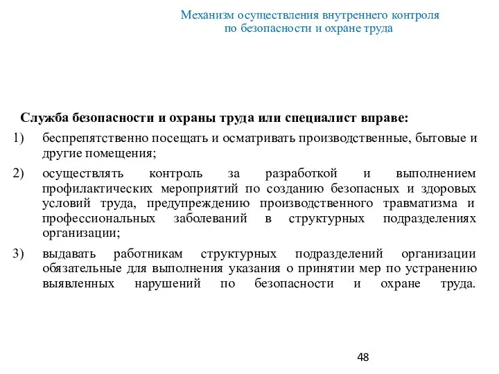 Механизм осуществления внутреннего контроля по безопасности и охране труда Служба