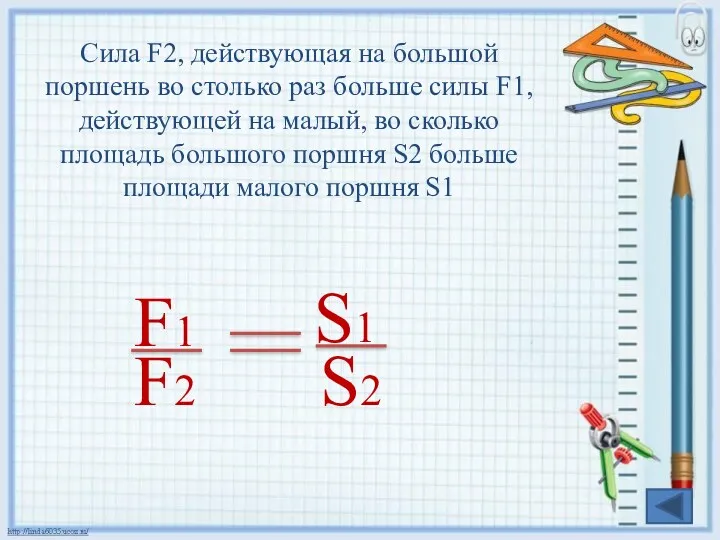 Сила F2, действующая на большой поршень во столько раз больше