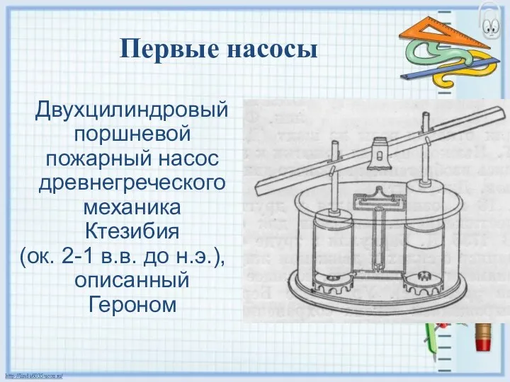 Первые насосы Двухцилиндровый поршневой пожарный насос древнегреческого механика Ктезибия (ок. 2-1 в.в. до н.э.), описанный Героном