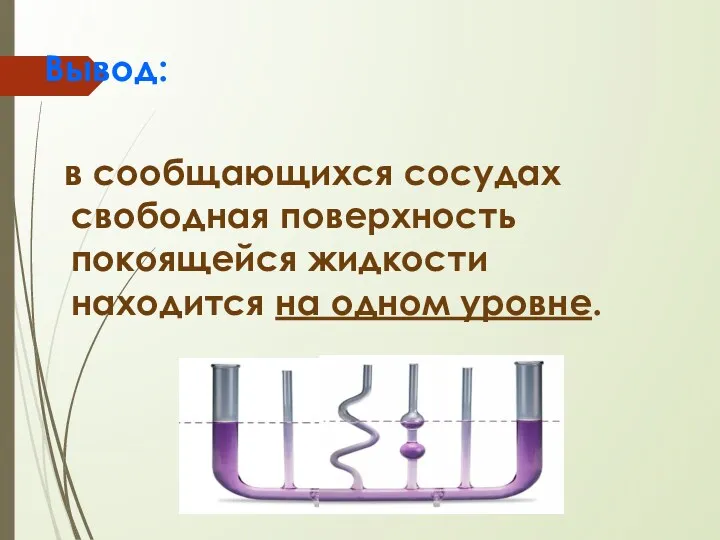 Вывод: в сообщающихся сосудах свободная поверхность покоящейся жидкости находится на одном уровне.