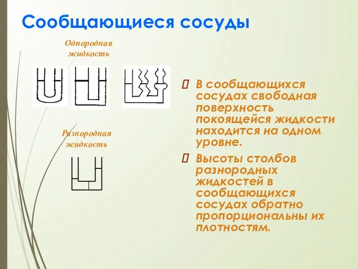 Сообщающиеся сосуды В сообщающихся сосудах свободная поверхность покоящейся жидкости находится