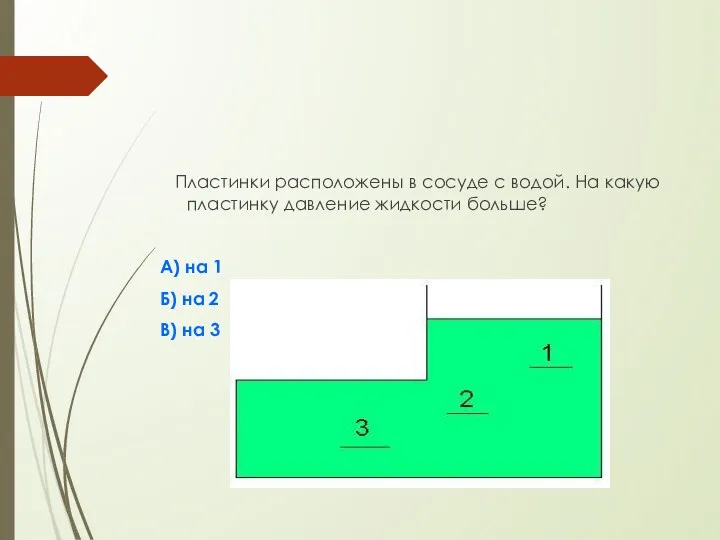 Пластинки расположены в сосуде с водой. На какую пластинку давление