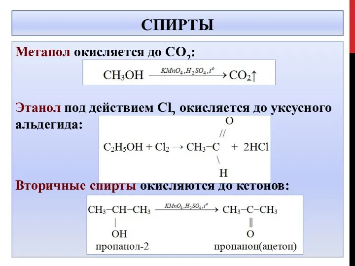 СПИРТЫ Метанол окисляется до СО2: Этанол под действием Cl2 окисляется