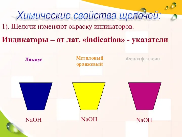 1). Щелочи изменяют окраску индикаторов. Индикаторы – от лат. «indication»