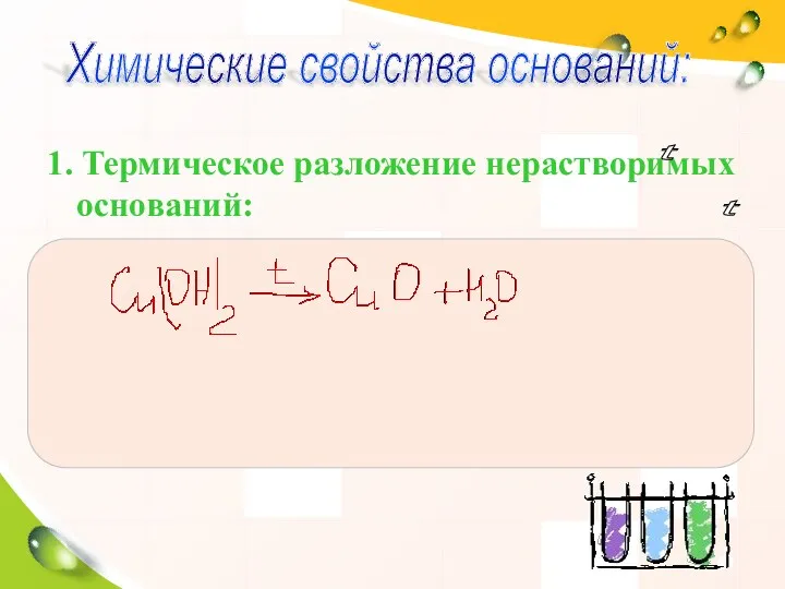 1. Термическое разложение нерастворимых оснований: Химические свойства оснований: t t