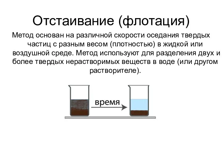 Отстаивание (флотация) Метод основан на различной скорости оседания твердых частиц