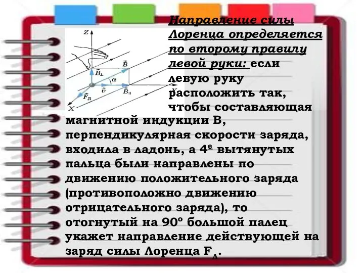 магнитной индукции В, перпендикулярная скорости заряда, входила в ладонь, а