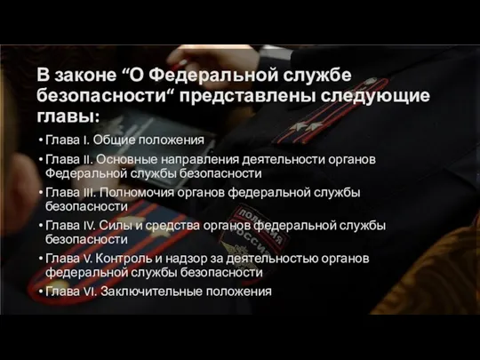 В законе “О Федеральной службе безопасности“ представлены следующие главы: Глава