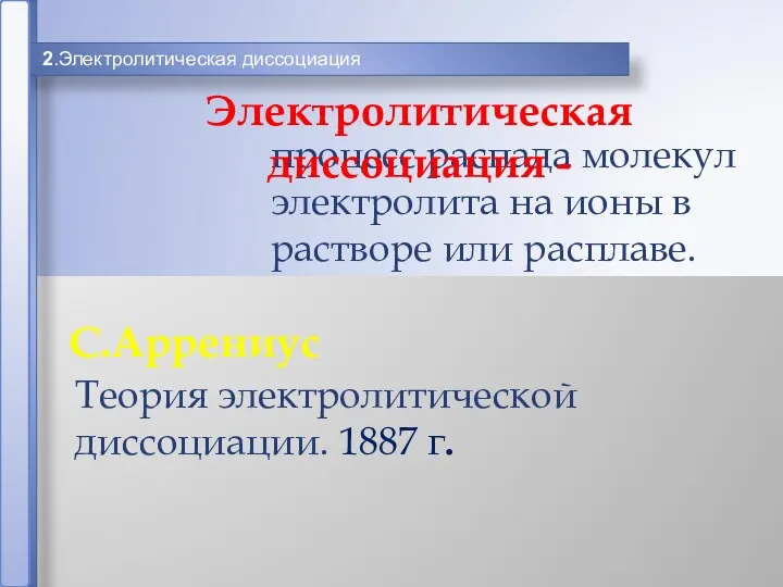 2.Электролитическая диссоциация процесс распада молекул электролита на ионы в растворе