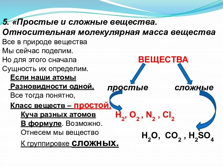 5. «Простые и сложные вещества. Относительная молекулярная масса вещества Все