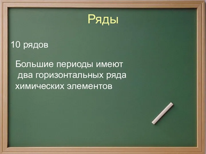 Ряды 10 рядов Большие периоды имеют два горизонтальных ряда химических элементов