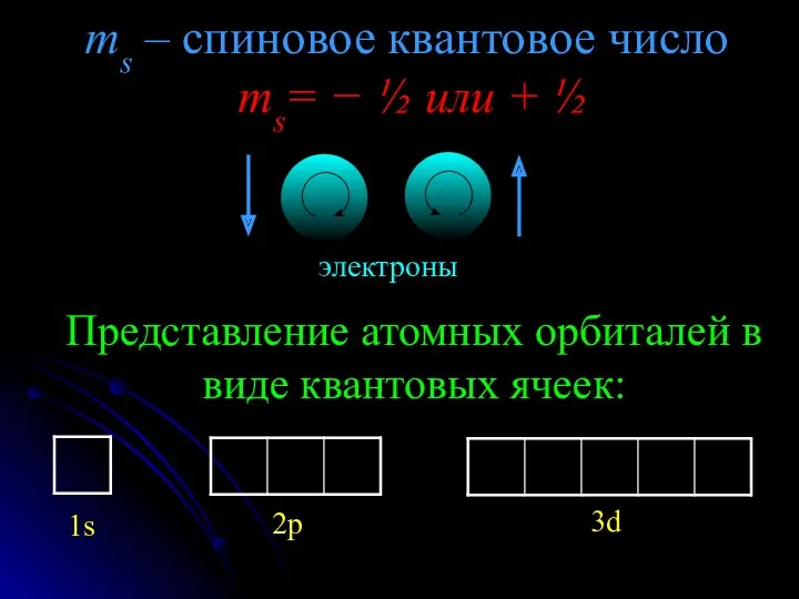 ms – спиновое квантовое число ms= − ½ или +