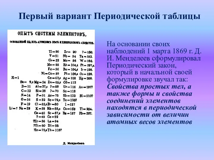 На основании своих наблюдений 1 марта 1869 г. Д.И. Менделеев