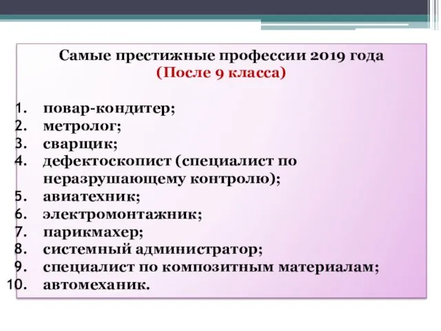 Самые престижные профессии 2019 года (После 9 класса) повар-кондитер; метролог;