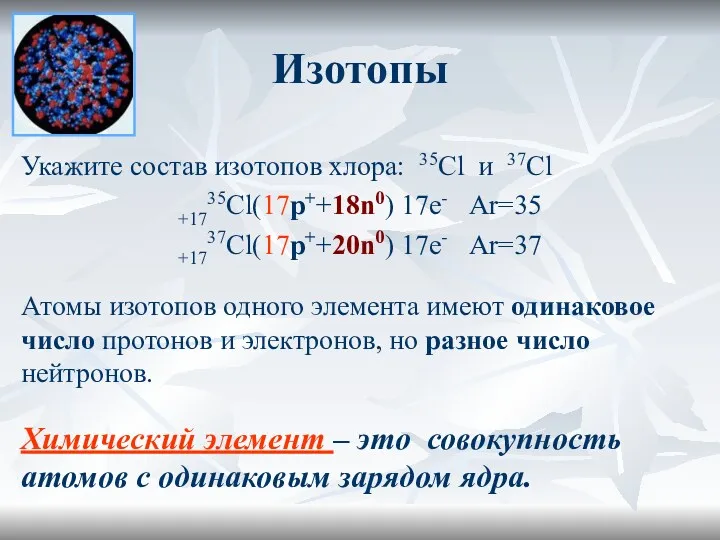 Изотопы Укажите состав изотопов хлора: 35Сl и 37Сl +1735Сl(17p++18n0) 17е-