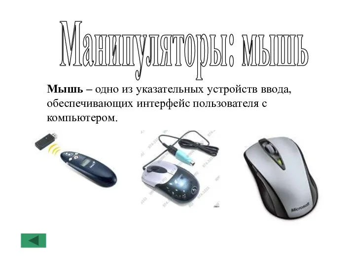 Манипуляторы: мышь Мышь – одно из указательных устройств ввода, обеспечивающих интерфейс пользователя с компьютером.