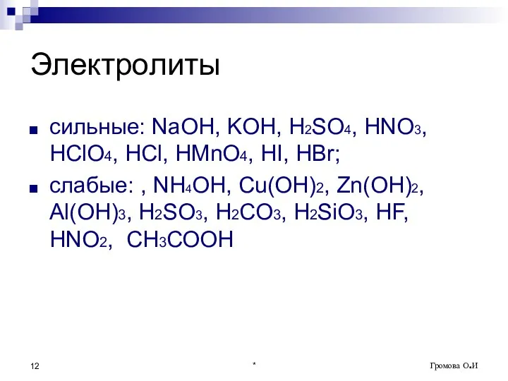 * Громова О.И Электролиты сильные: NaOH, KOH, H2SO4, HNO3, HClO4,