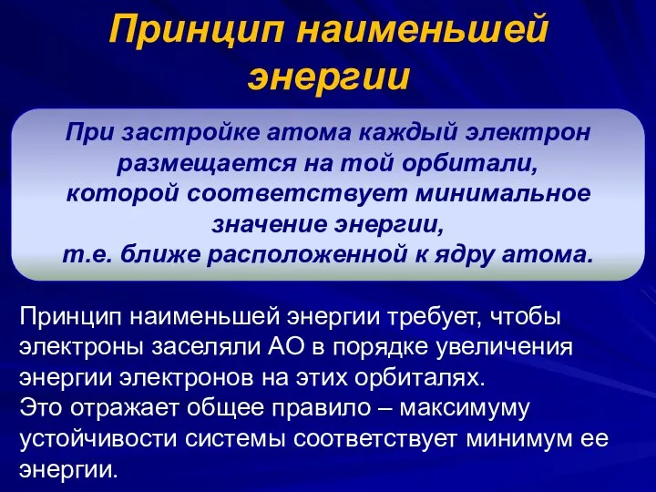 Принцип наименьшей энергии При застройке атома каждый электрон размещается на