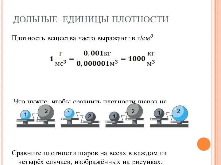 ДОЛЬНЫЕ ЕДИНИЦЫ ПЛОТНОСТИ Плотность вещества часто выражают в г/см3 Что