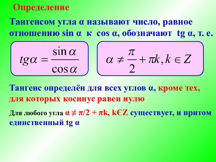 Определение Тангенс определён для всех углов α, кроме тех, для