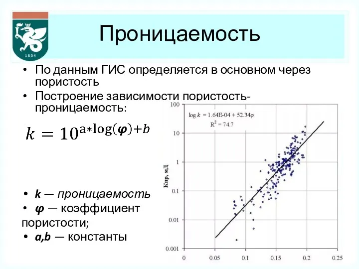 Проницаемость По данным ГИС определяется в основном через пористость Построение