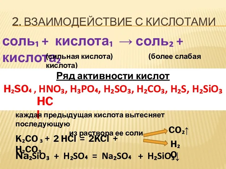 2. ВЗАИМОДЕЙСТВИЕ С КИСЛОТАМИ соль₁ + кислота₁ → соль₂ +