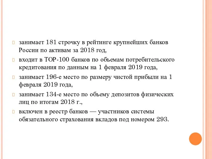 занимает 181 строчку в рейтинге крупнейших банков России по активам