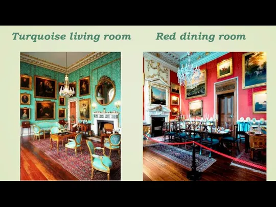 Turquoise living room Red dining room
