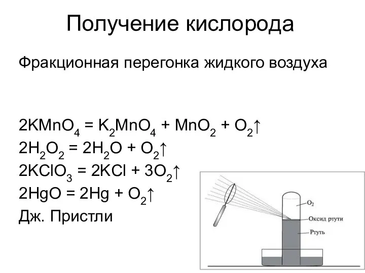 Получение кислорода 2KMnO4 = K2MnO4 + MnO2 + O2↑ 2H2O2